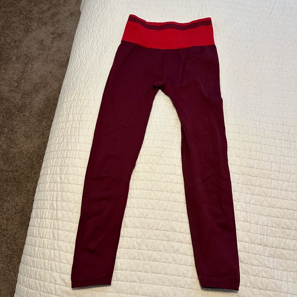 Fabletics High Wasted Red Leggings with Color-Blocking Waistband